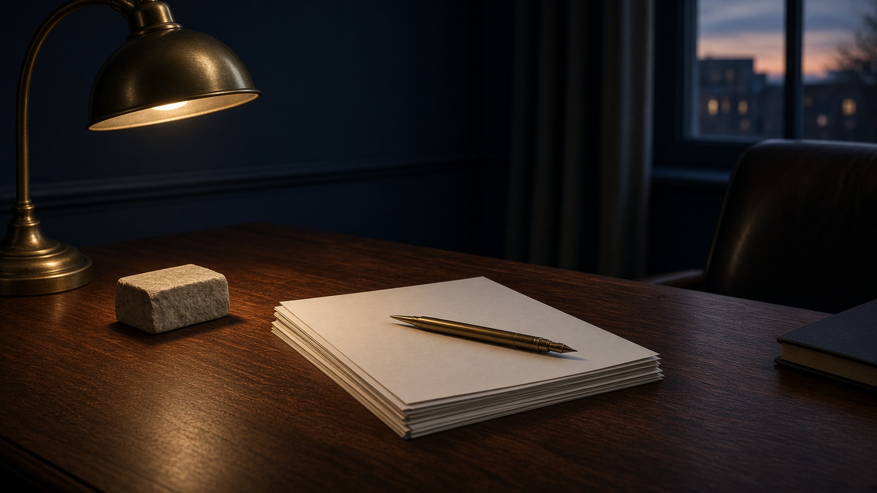 Writing desk with a navy folder, cream paper, and brass tools.