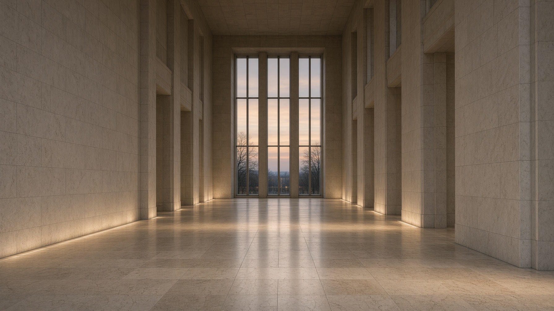 Limestone civic hallway with windows at the far end.