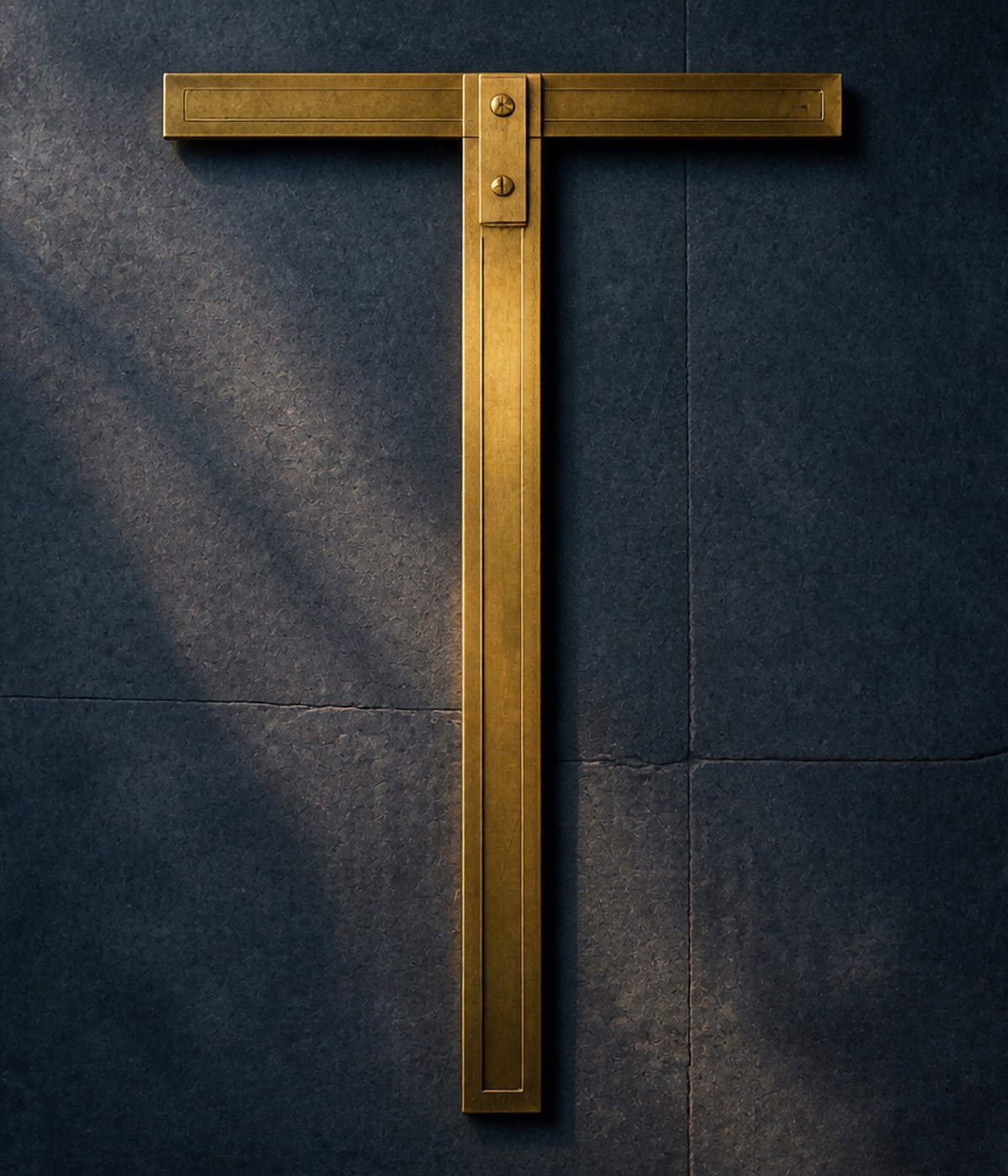 A brass T-square resting against a dark slate wall in raking light.