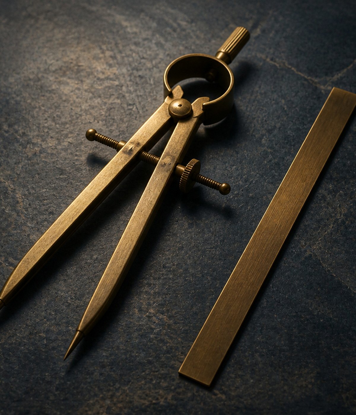 Brass drafting dividers and a brass rule resting on dark stone.