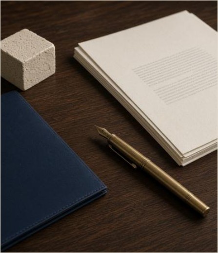 Writing desk with a stone cube, a navy folder, cream paper, and a brass pen.