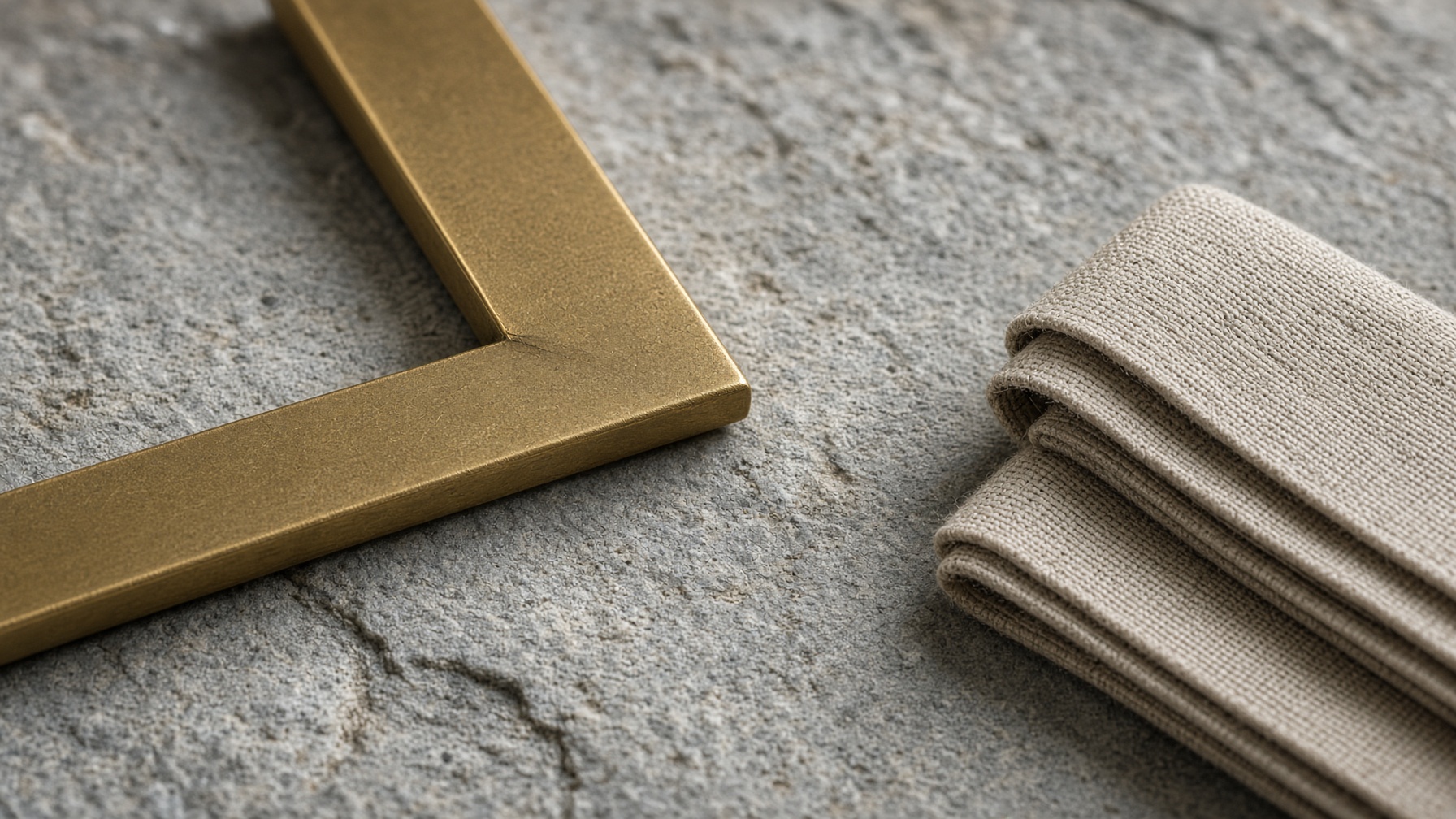 Brass frame corner and folded linen on limestone.
