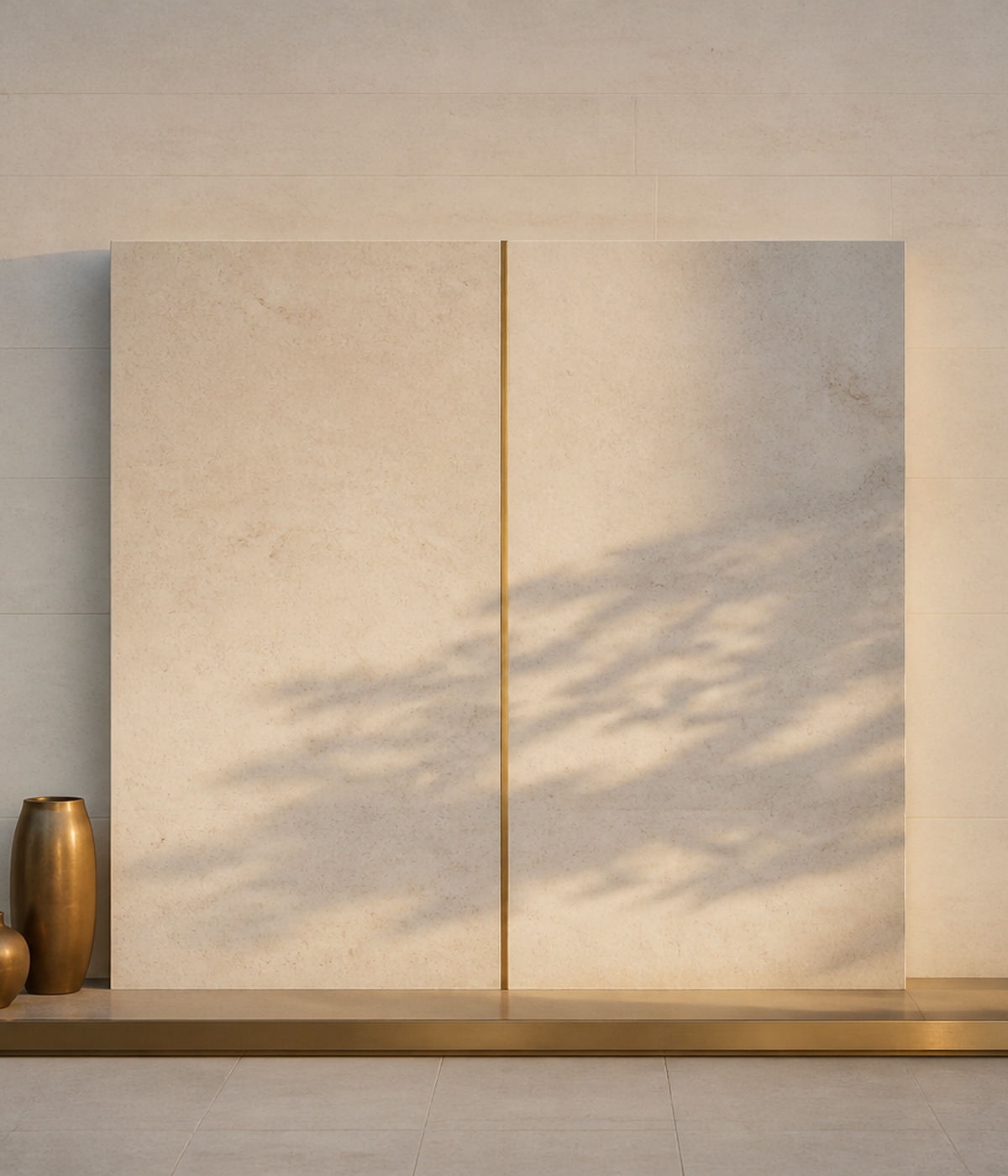 Limestone panels joined by a brass reveal, in late afternoon light.