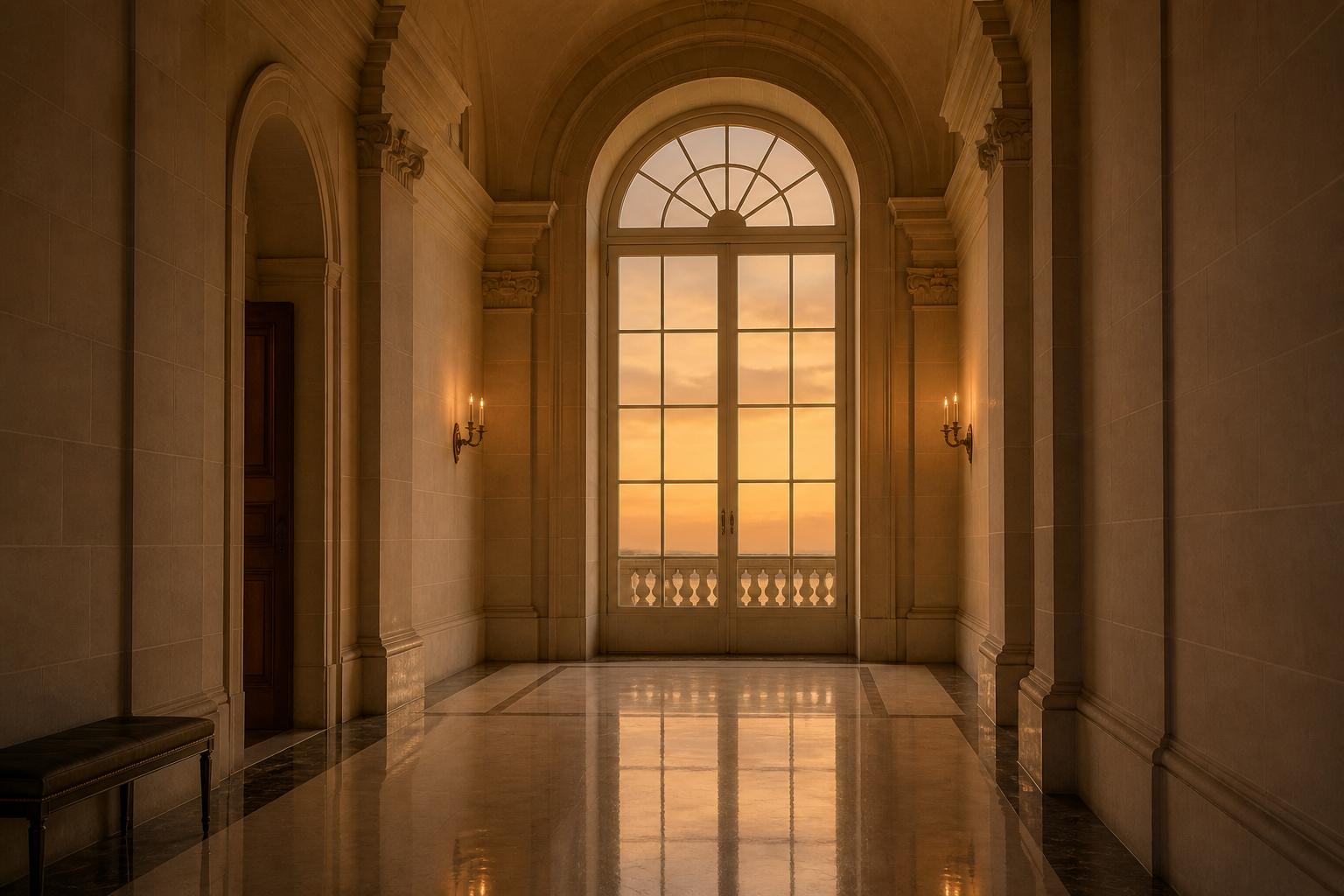 Palladian window at the end of a limestone gallery.